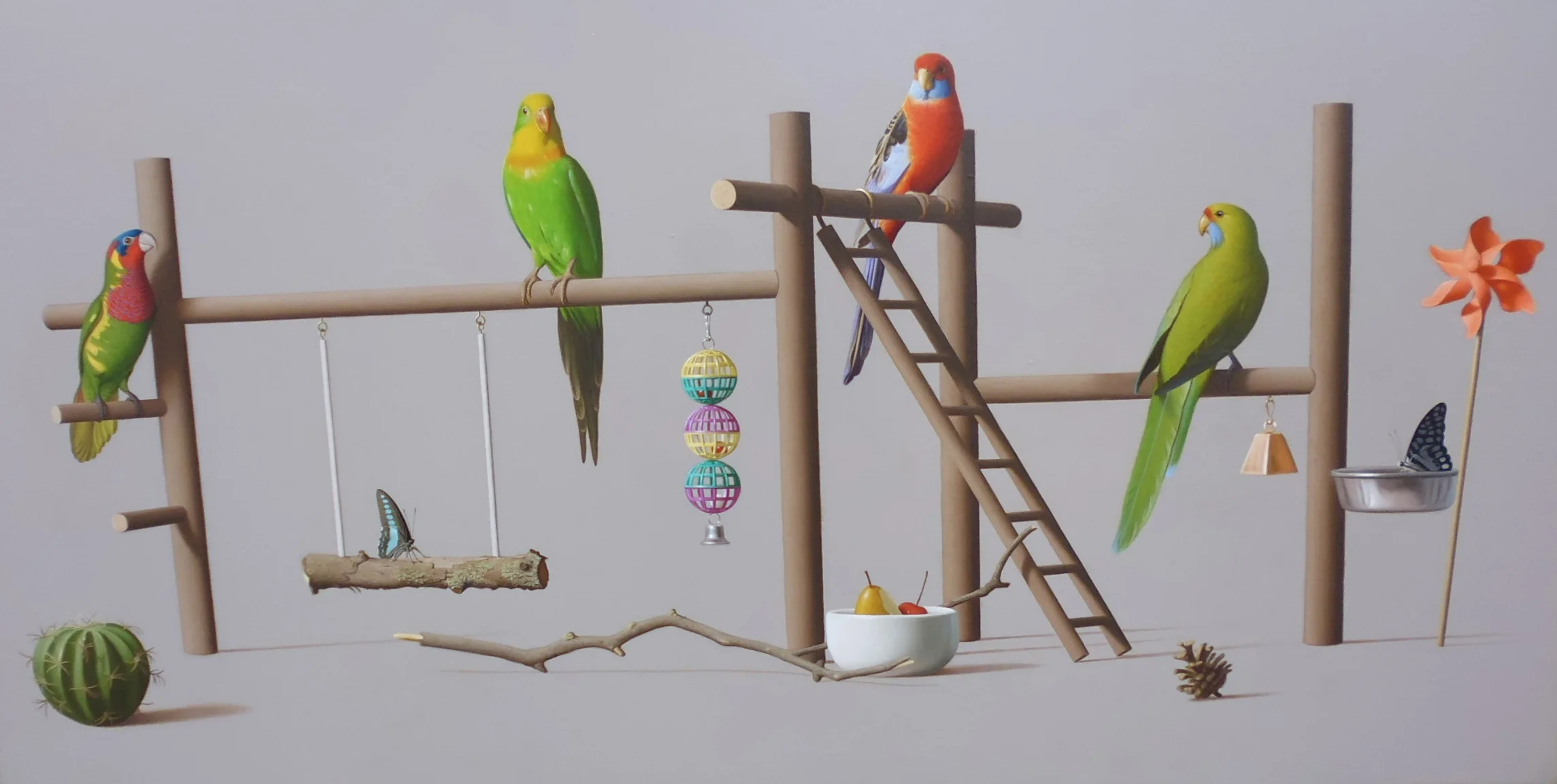'Parakeet Playground' Dimensions: 81cm x 165cm. Oil on Canvas