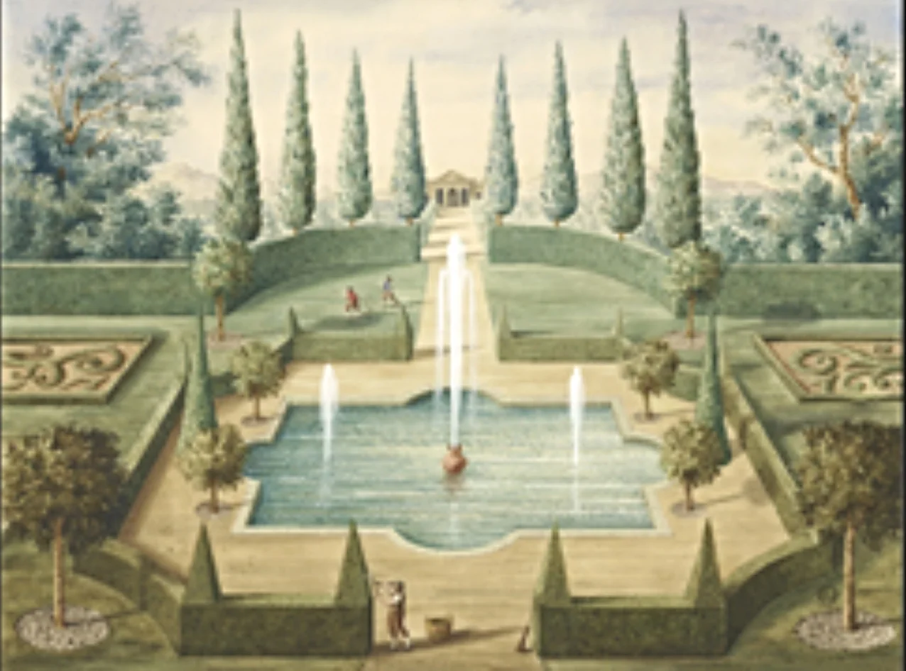 Ornamental pool with a view to a pavillion, Dimensions: 64cm x 49.5cm