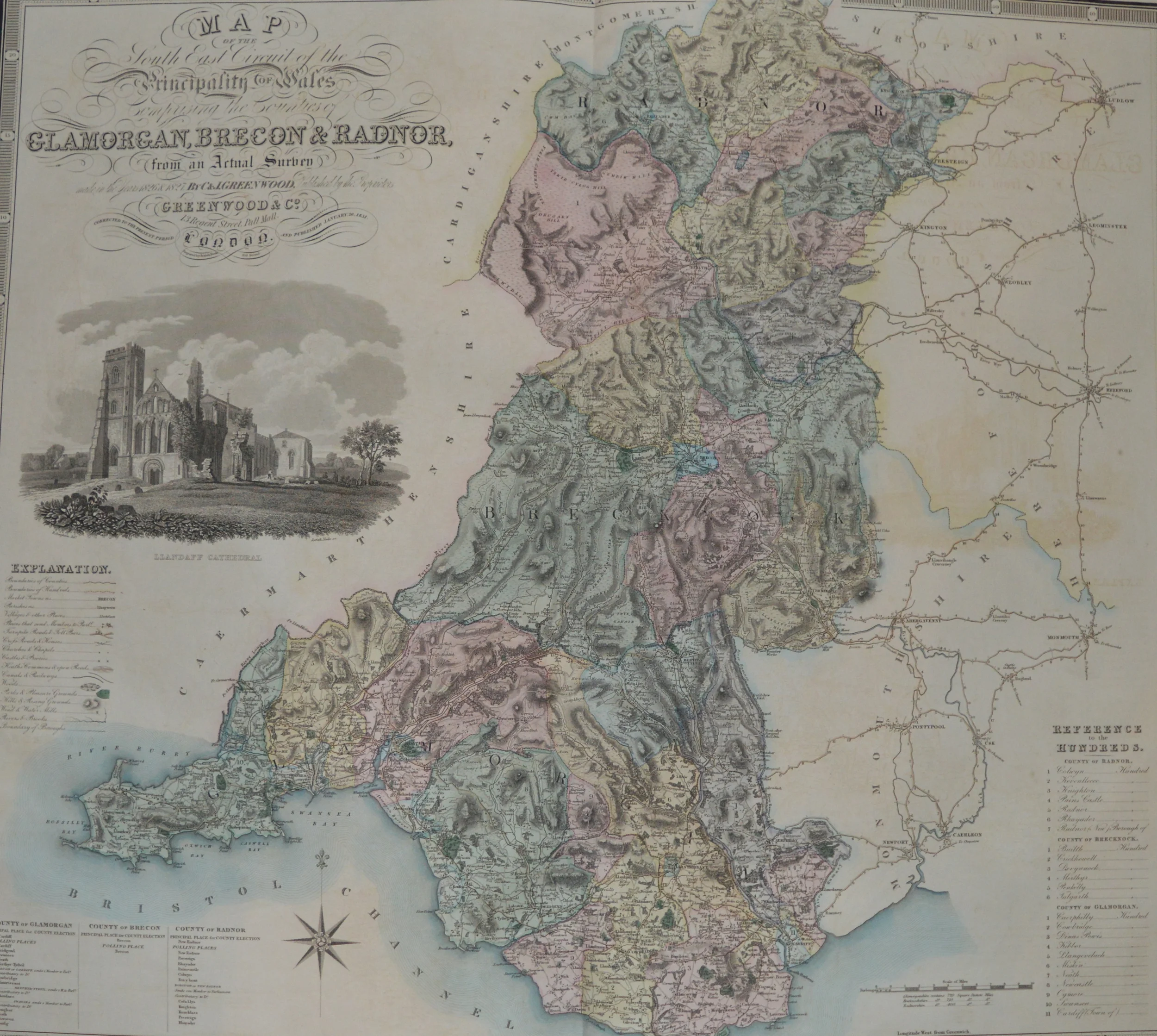 Glamorgan, Brecon & Radnor, Maps of England. By Greenwood and Co. 1831 Dimensions: 80cm x 67cm unframed