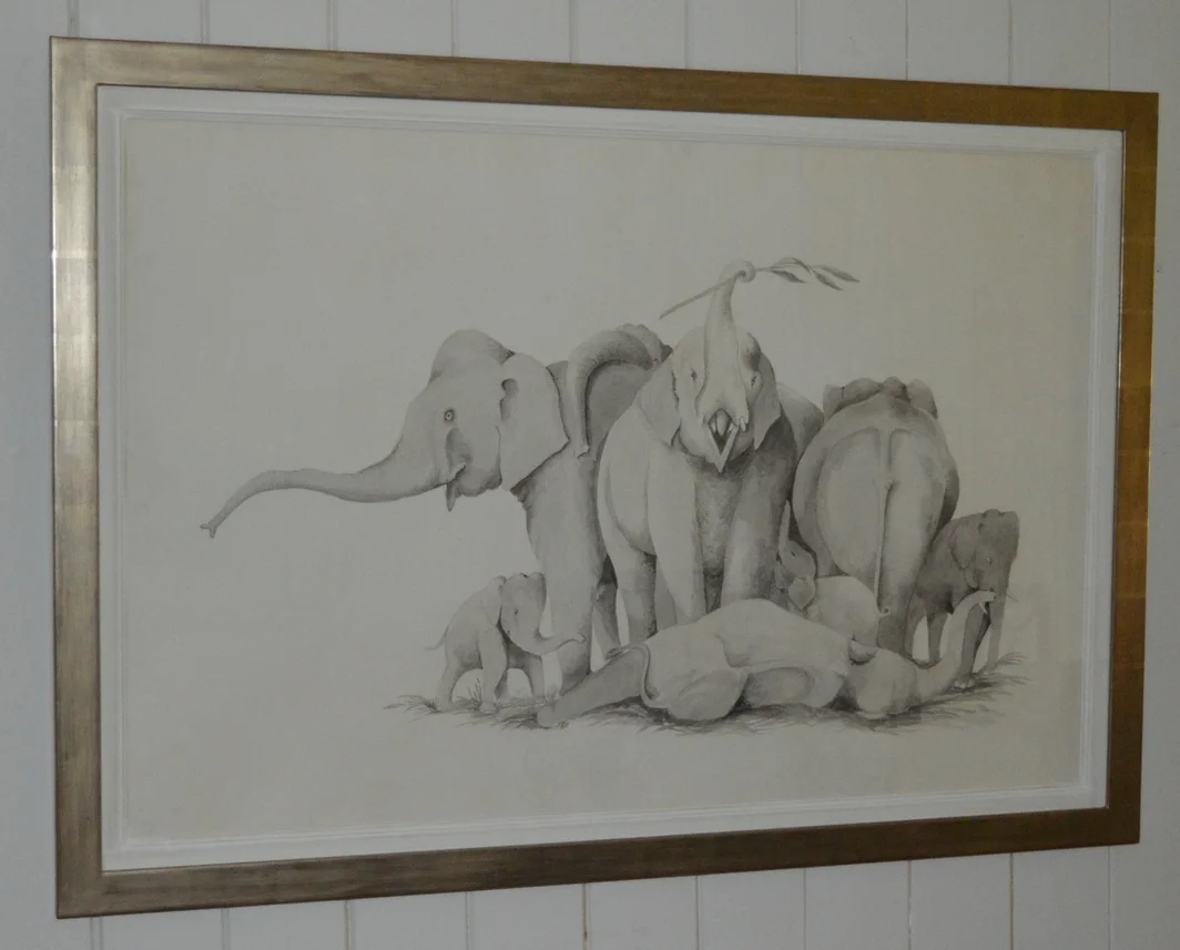 Set of 4 Elephants, Dimensions: 108cm x 76cm, framed.