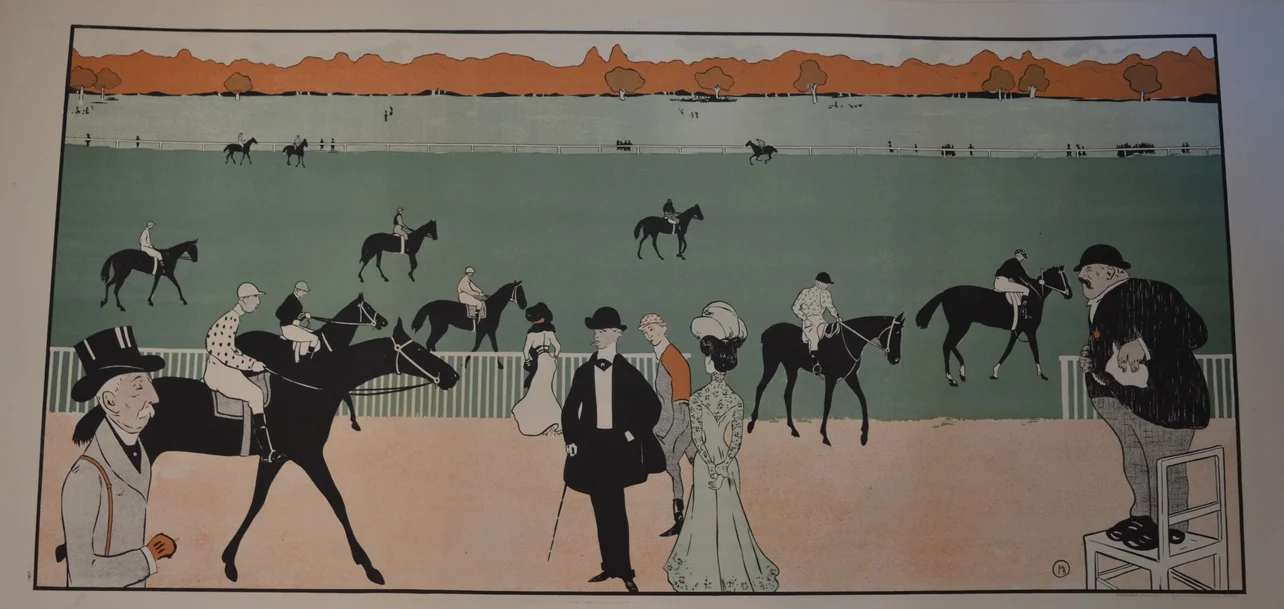 'Racing Scene' Dimensions: 120cm x 58cm, unframed.