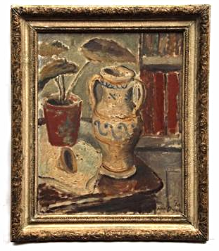 Sir Robin Darwin 'Still Life study of Jug and Plant on a Table' oil on canvas, signed and dated by artist.