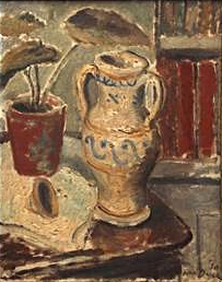 Sir Robin Darwin 'Still Life study of Jug and Plant on a Table' oil on canvas, signed and dated by artist.