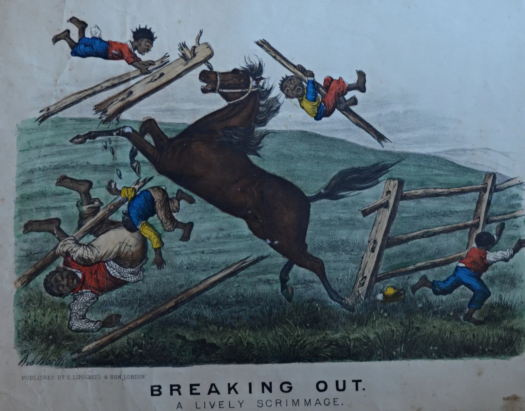'Breaking Out' c. 1890 Hand coloured lithograph by Thomas Worth, Dimensions: 50cm x 41cm