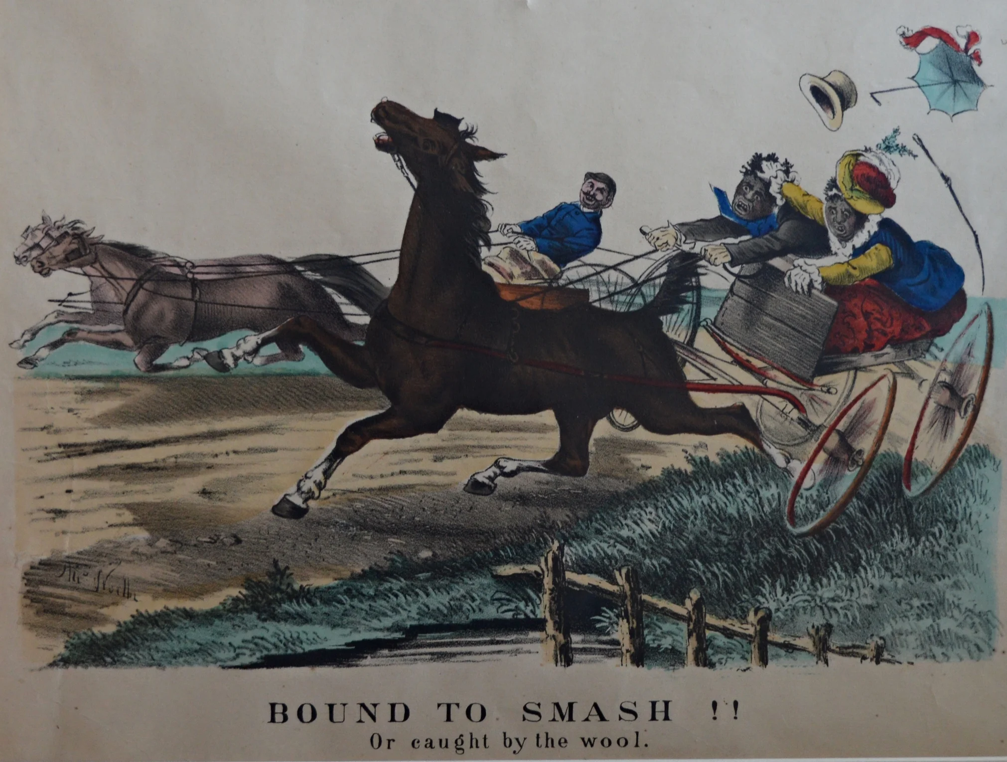 'Bound to Smash It' c. 1890 Hand coloured lithograph by Thomas Worth, Dimensions: 50cm x 41cm