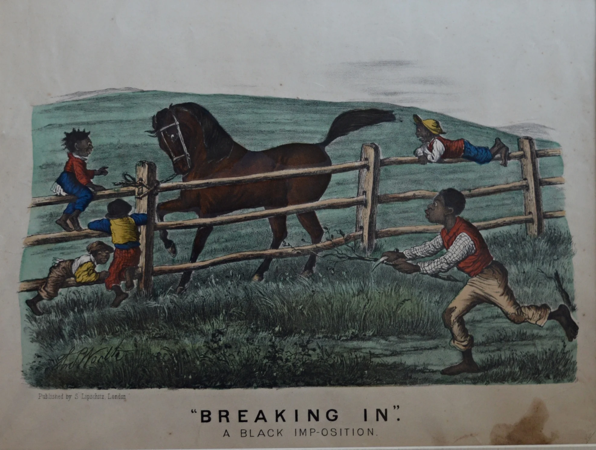 'Breaking In' c. 1890 Hand coloured lithograph by Thomas Worth, Dimensions: 50cm x 41cm