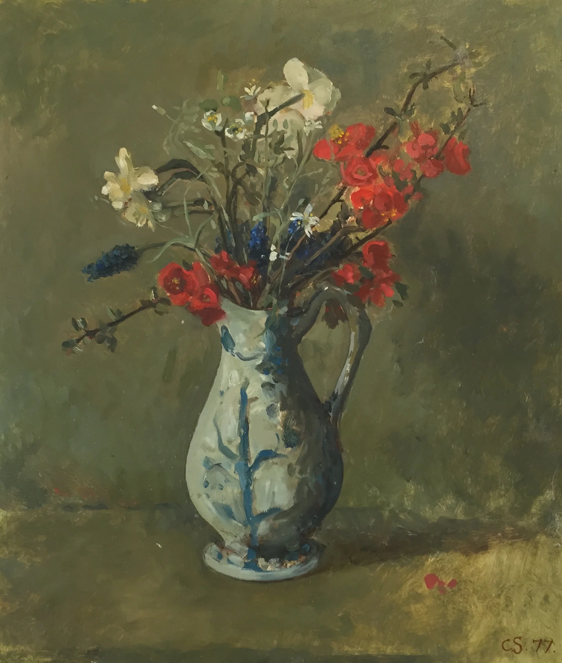 ‘Meadow flowers in a blue and white jug’