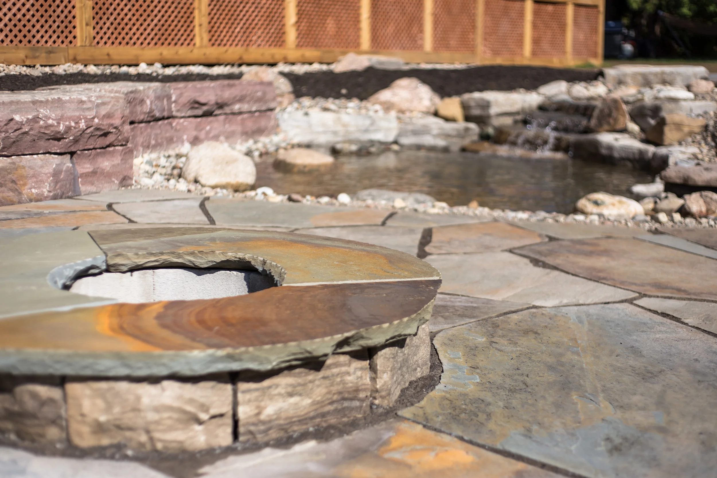 Fire pit made with Owen sound walls capped with Pennsylvania flagstone