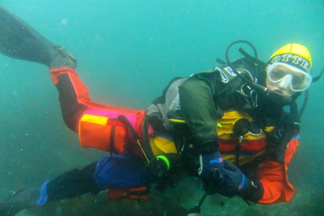 Colorful Drysuits help identify you underwater in poor visibility!