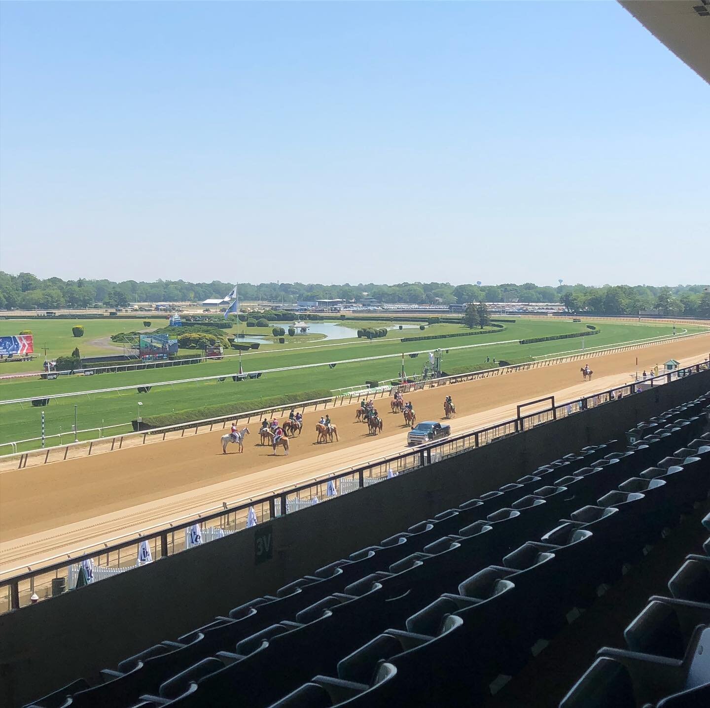 My #BelmontPark view today! So happy to be back at #theTrack! 🌳🏇🏇🏇🗽🍎 #equestrianNY watching #Thoroughbred #horses run! @thenyra #horseracing