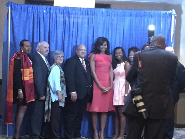 L-R: Florene Dawkins, Fred Fussell, Cathy Fussell, Charles Lewis (Alma Thomas's great-nephew), First Lady Michelle Obama, B.J. Chipman. The three folks to the right of B.J. are her grandmother, her mother, and Frank Mastoris.