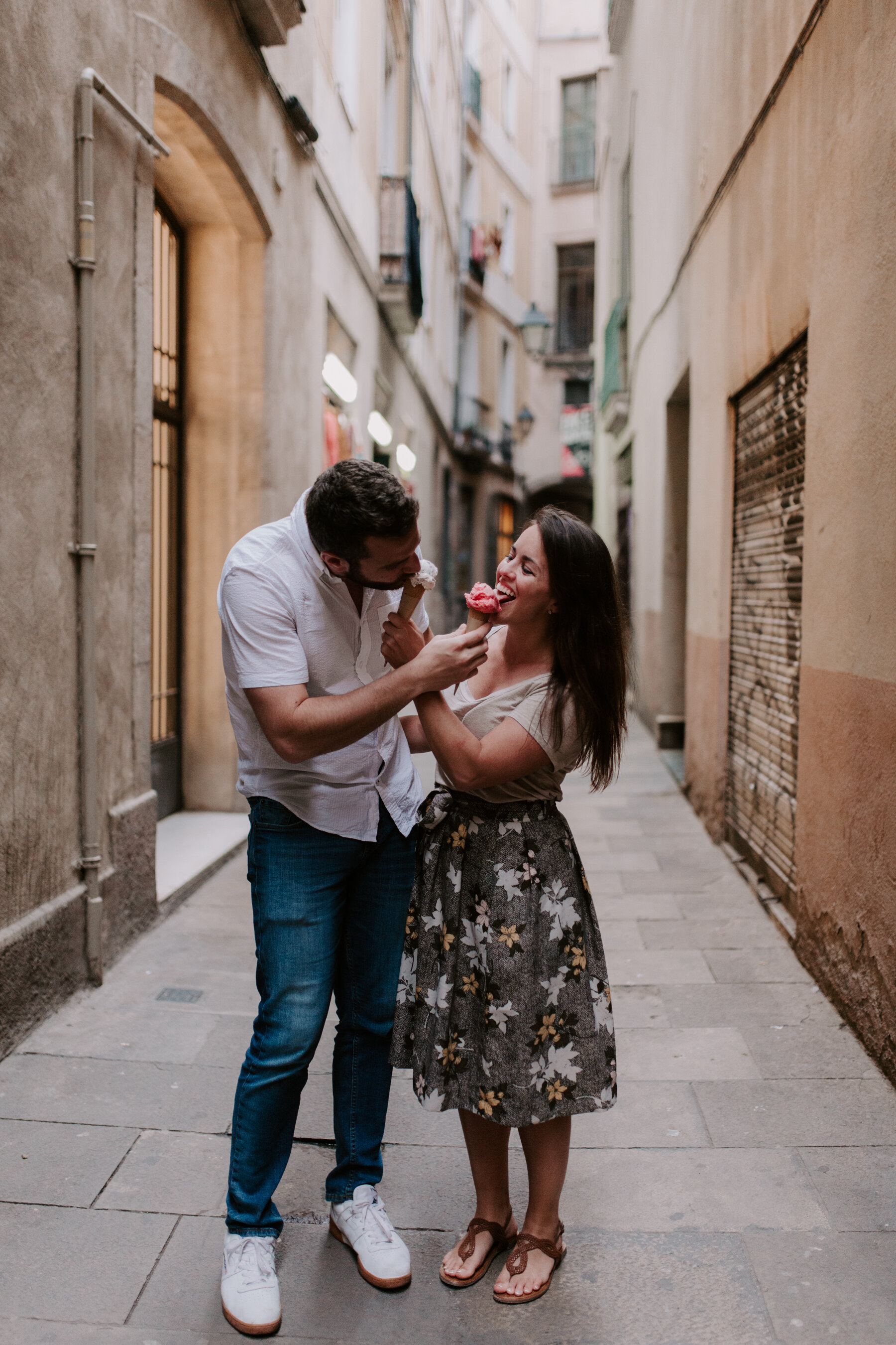 Couple eating gelato in Barcelona's Gothic Quarter