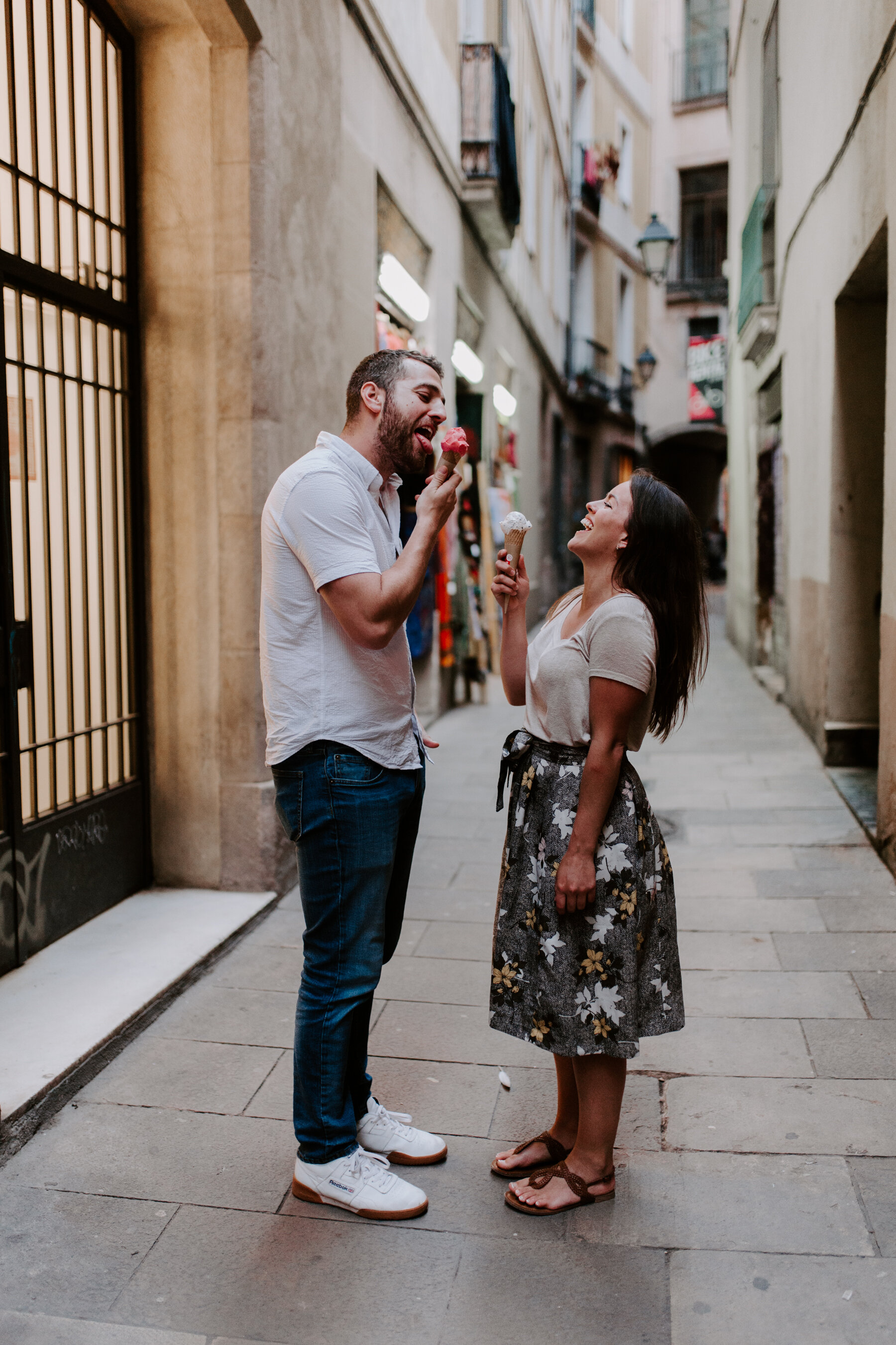 Adventurous engagement session in the Gothic Quarter of Barcelona