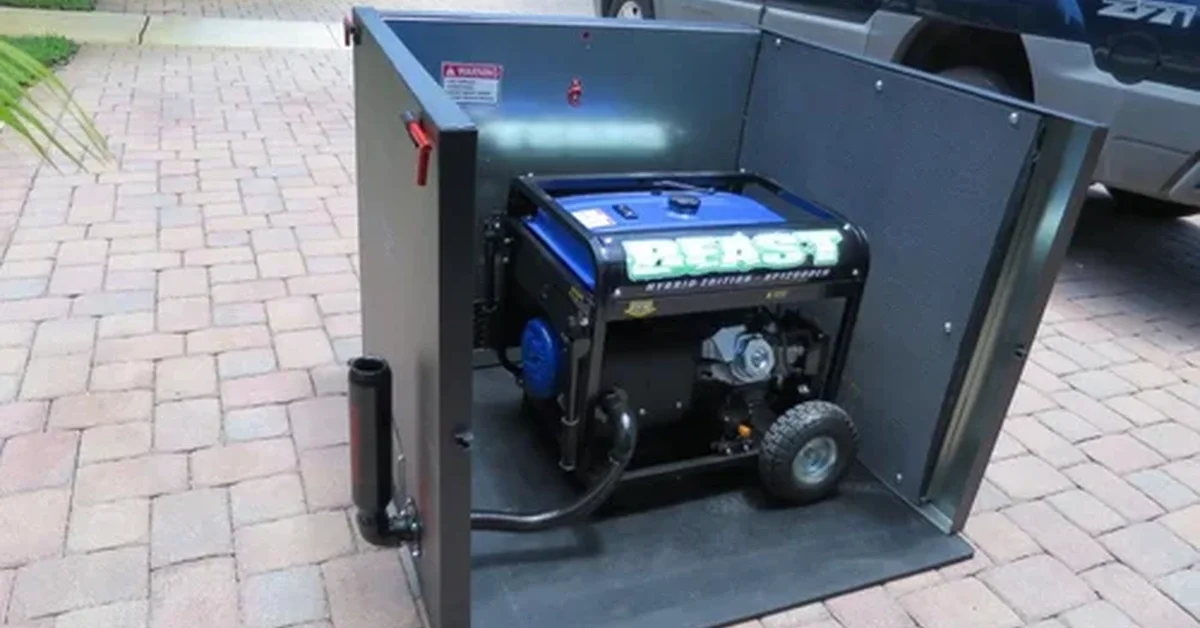 Portable generator labeled BEAST sits inside a three-panel metal barrier on a brick driveway, hoses attached.