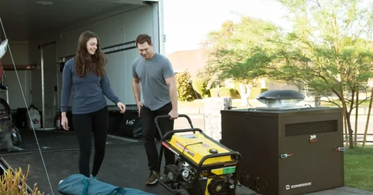 Two adults moving a wheeled yellow generator out of a garage beside a lawn, trees, and outdoor equipment box.