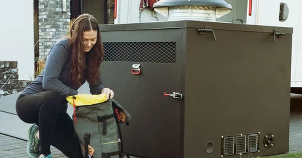 Woman kneeling beside a black generator box on a patio, in front of an open white trailer and grass lawn.