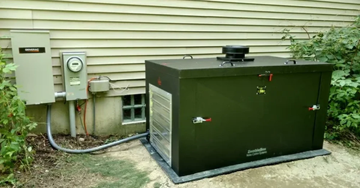 A dark green generator box on a concrete pad beside a house, with utility meters, siding, and shrubs nearby.