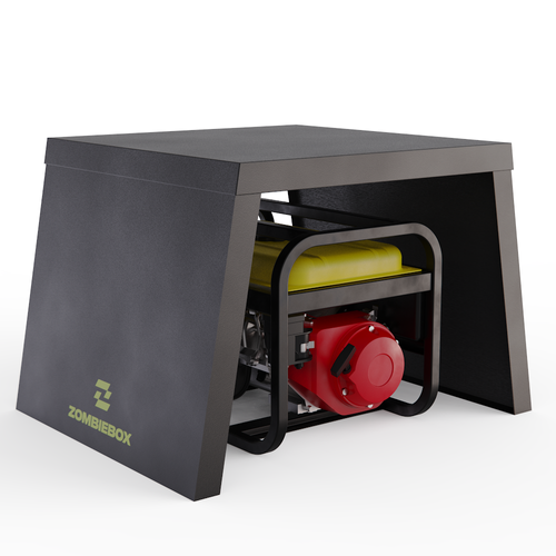A dark gray three-sided enclosure covering a portable generator with a red engine against a plain white background.