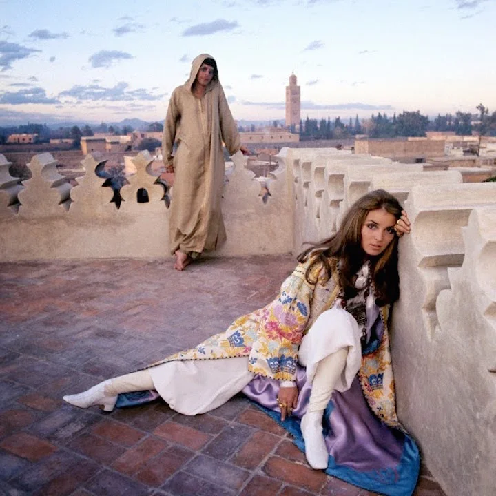 Talitha Getty with her husband J.Paul Getty Jr. on the roof of their Ryad in Marrakesh in 1969.