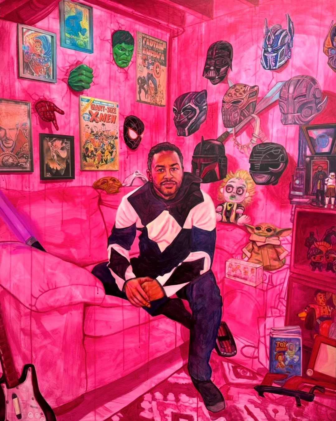    Behind the Mask  , 60" x 48", Oil, acrylic, collage on panel, 2025