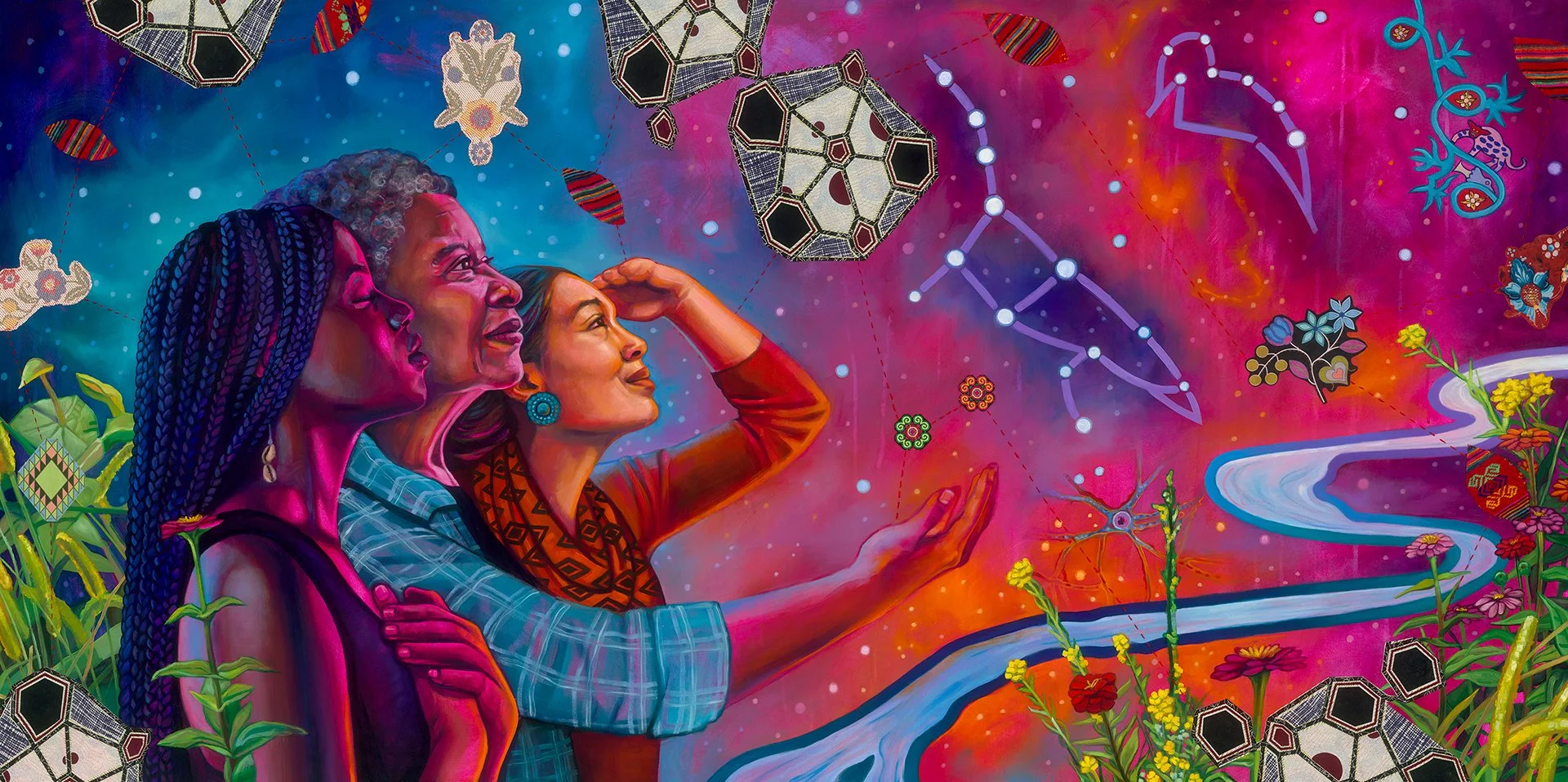   Belonging to the Entire Universe , Commission for the McKnight Foundation, 42” x 84” Oil, acrylic, fabric on panel, 2026 