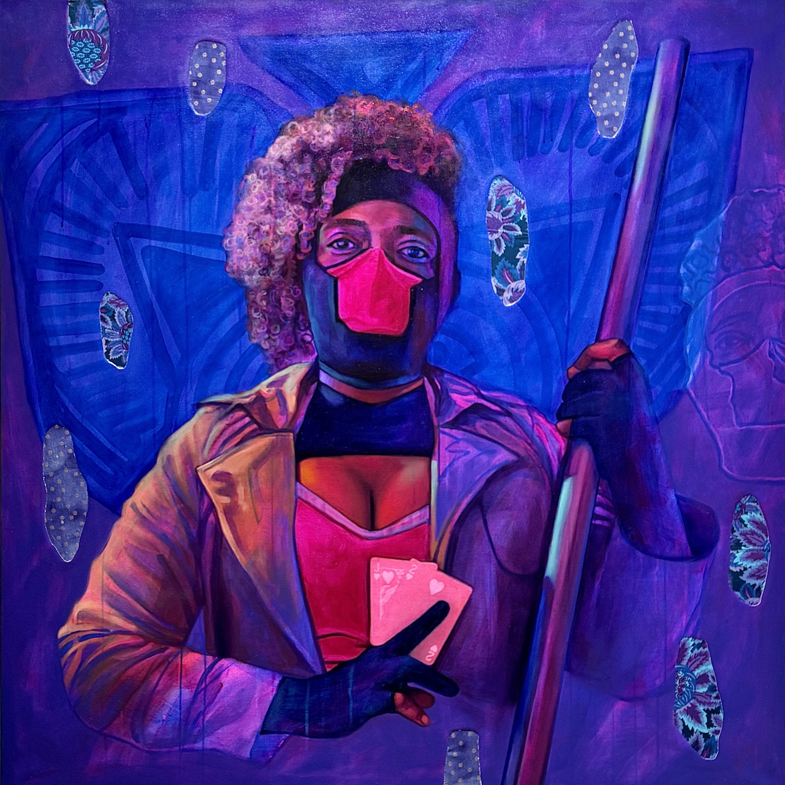 Trickster , 48" x 48", Oil, acrylic, fabric on canvas, 2025
