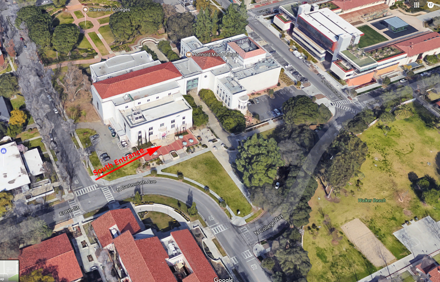 Bird's eye view of 8th/Dartmouth south patio entrance