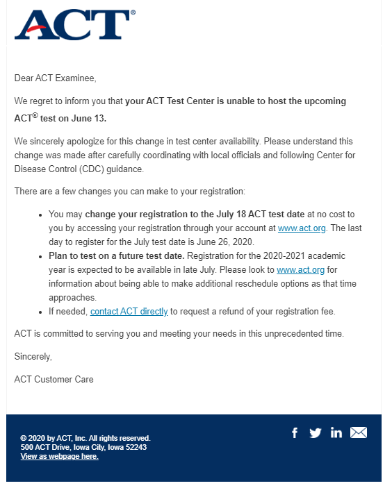 News: June ACT will happen, but some test centers opt out