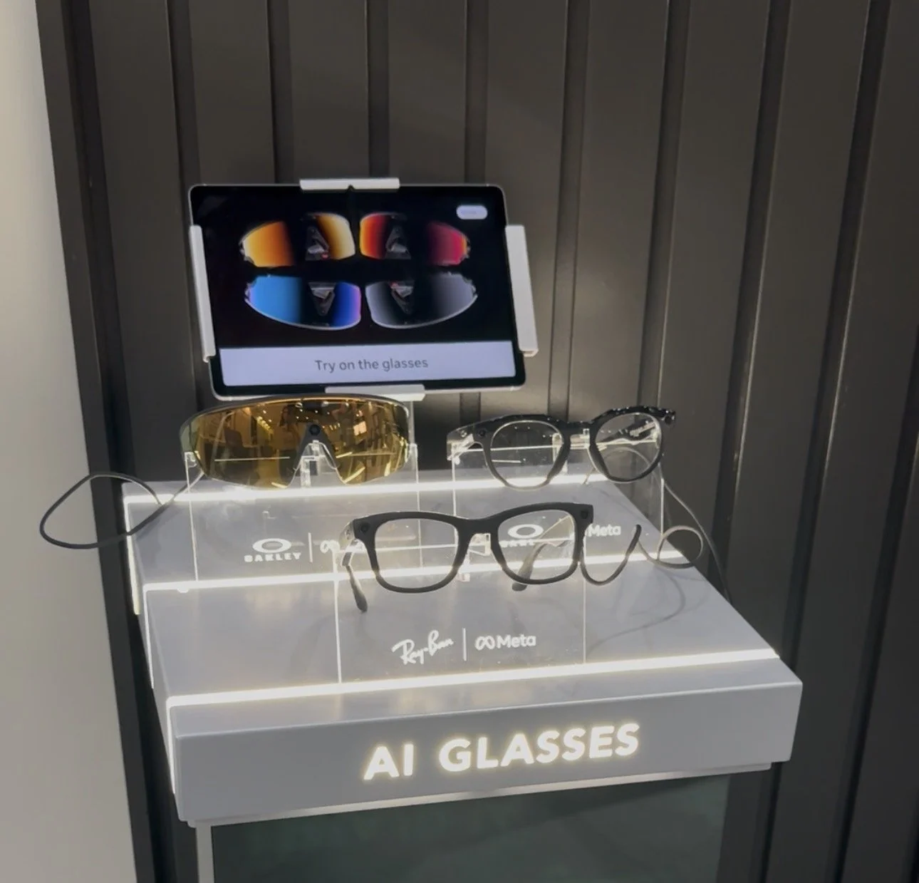 3 AI Glasses on a display for Meta, Ray-ban and Oakley