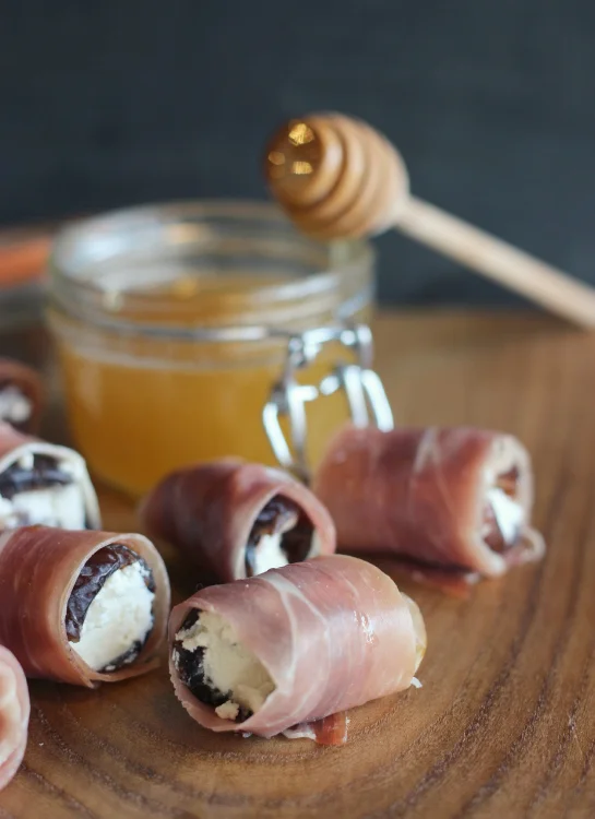 Appy Hour: Prosciutto Wrapped Dates with Goat Cheese + Honey