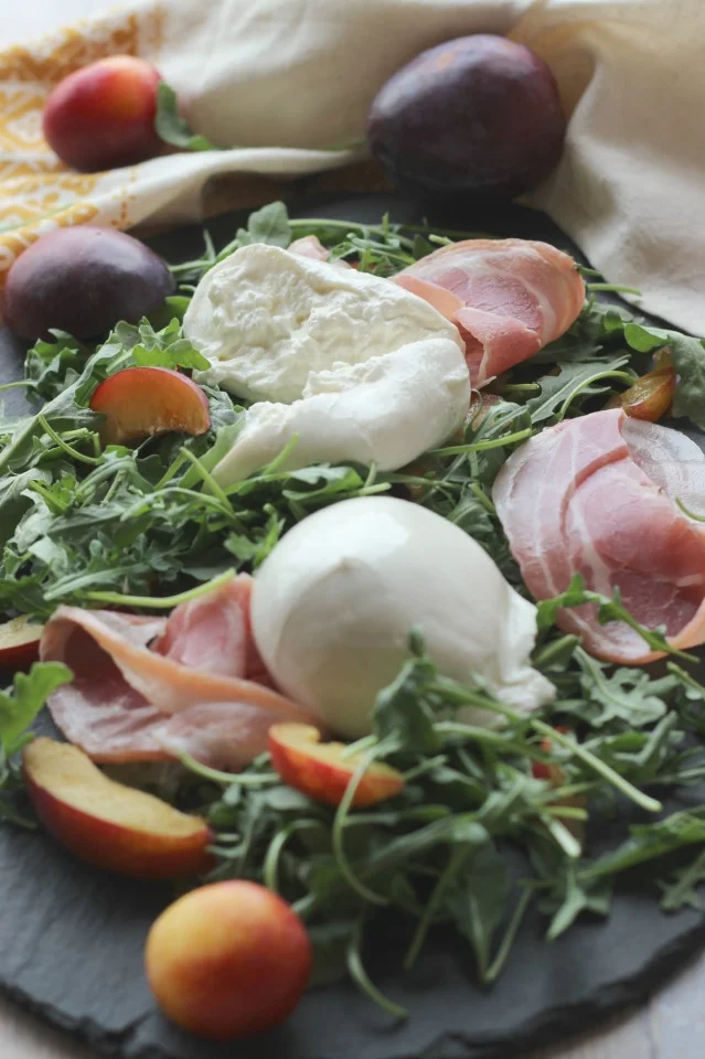 APPY HOUR: Burrata + Plum Salad with Arugula