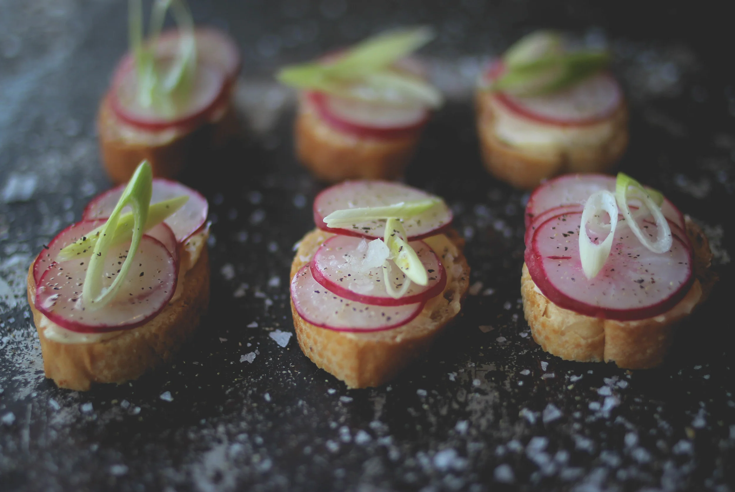 APPY HOUR: Crostini with Local Radishes + Spring Garlic