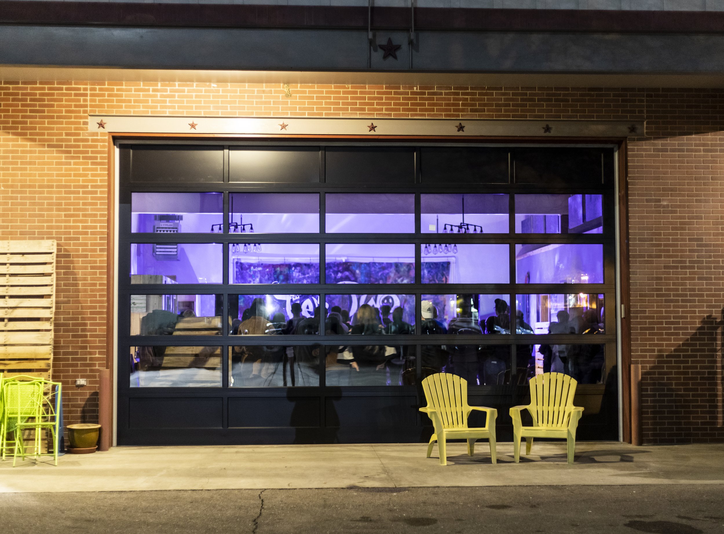  Event space garage door. Photo Credit - Justin Hein 