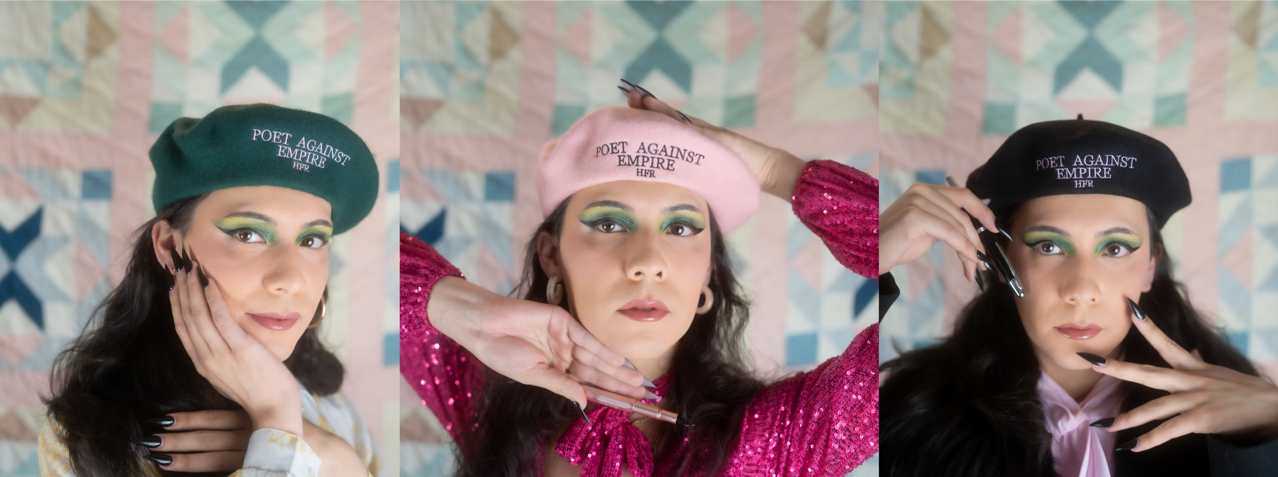 3 headshots of Lan Lesmeister; they wear a different colored beret in each
