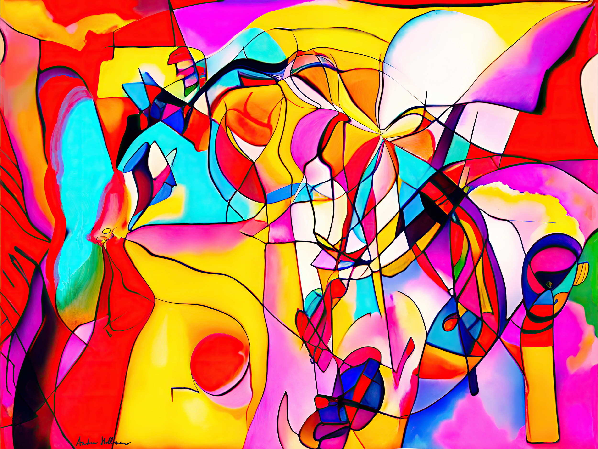 Painting with vibrant colors and black lines creating organic shapes.