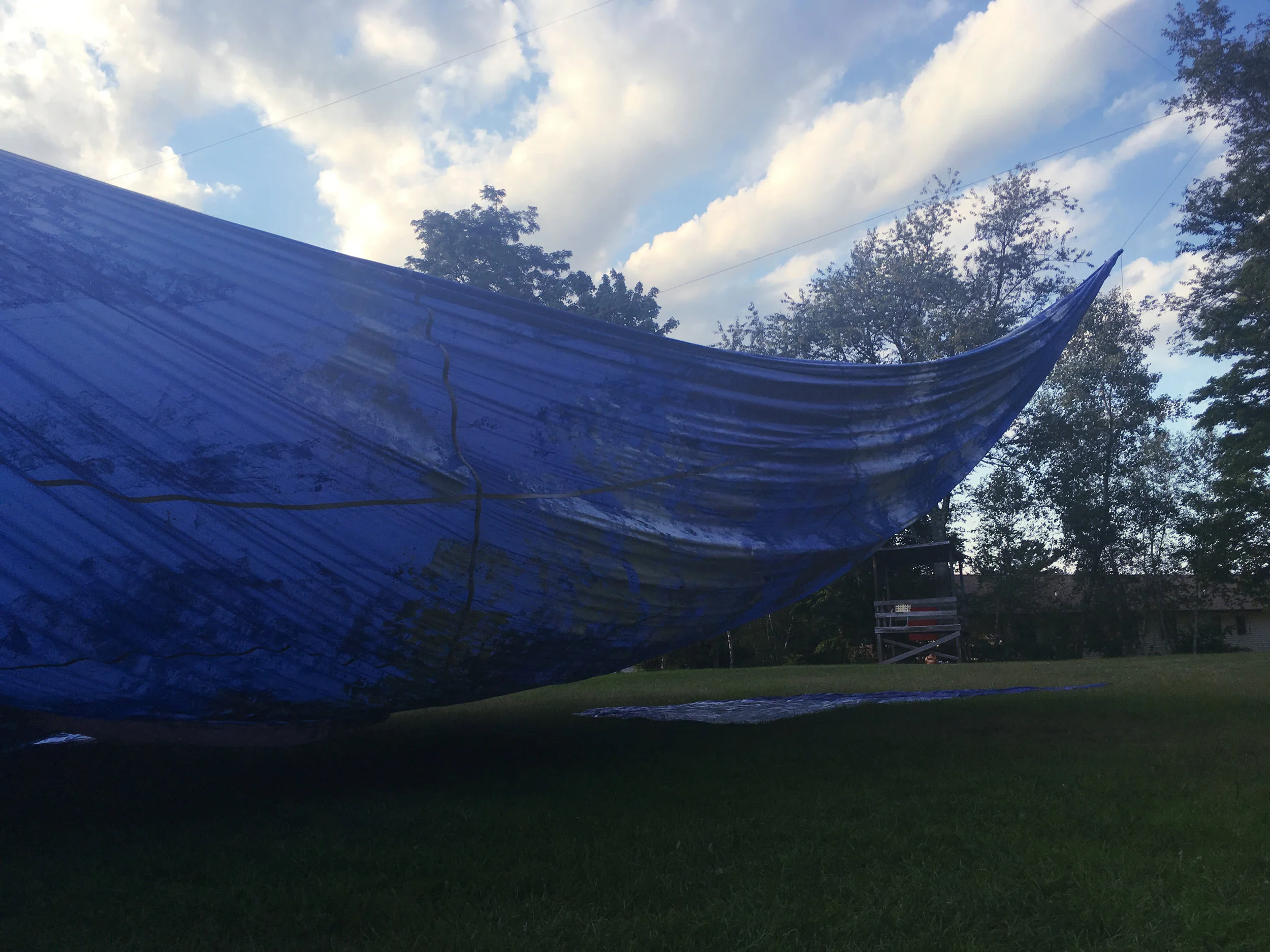 A New Kind of Ship - Site Specific Installation with Caiti Hawkins Hot Air Balloon, Paracord, Pine Trees, House Paint, Sky http://caiti-hawkins.squarespace.com/