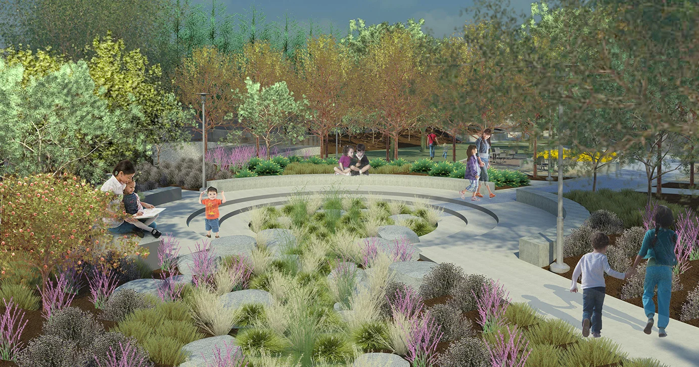 Headworks of the bioswale at the north end of the park.