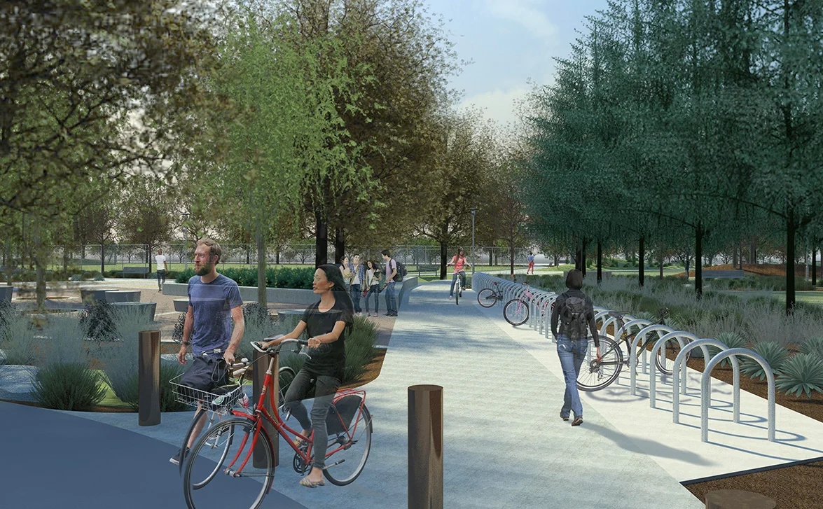 Bike racks at entry to park
