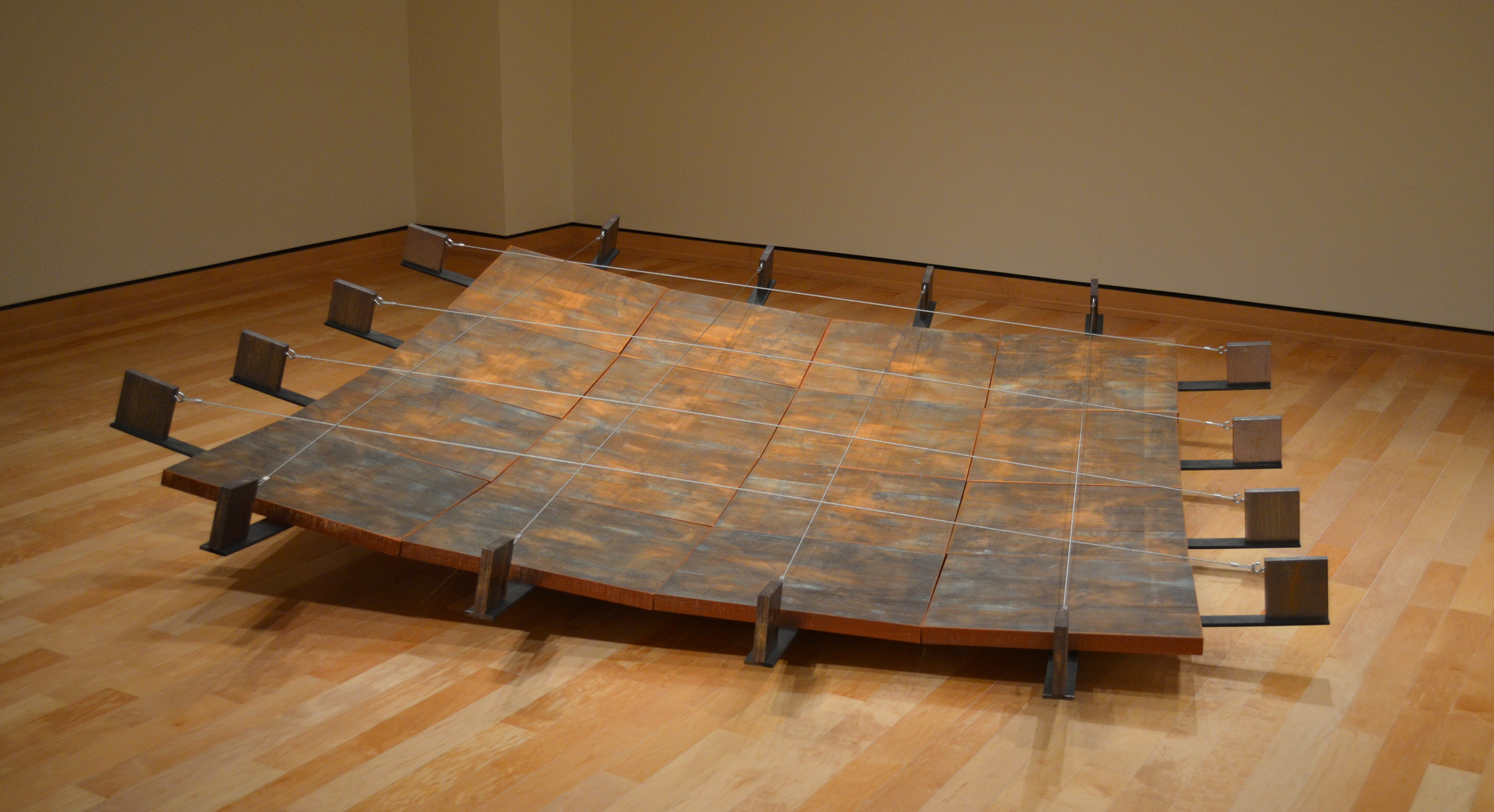 Basin woodcut printed images on paper, mounted on constructed panels, installed on a shallow bowl-shaped steel structure. ink, paper, metallic foil, wood, steel, cable 120” x 120” x 28” (10’ x 10’ x 28”) 2012 I have been told by a select few that I am a closet ceramist. I do love collecting ceramic art, both functional and sculptural. The simple geometry of a shallow basin shape has interested me for some time now. It is both functional (it can hold some material) and non-functional (it cannot hold a great deal of said material). 