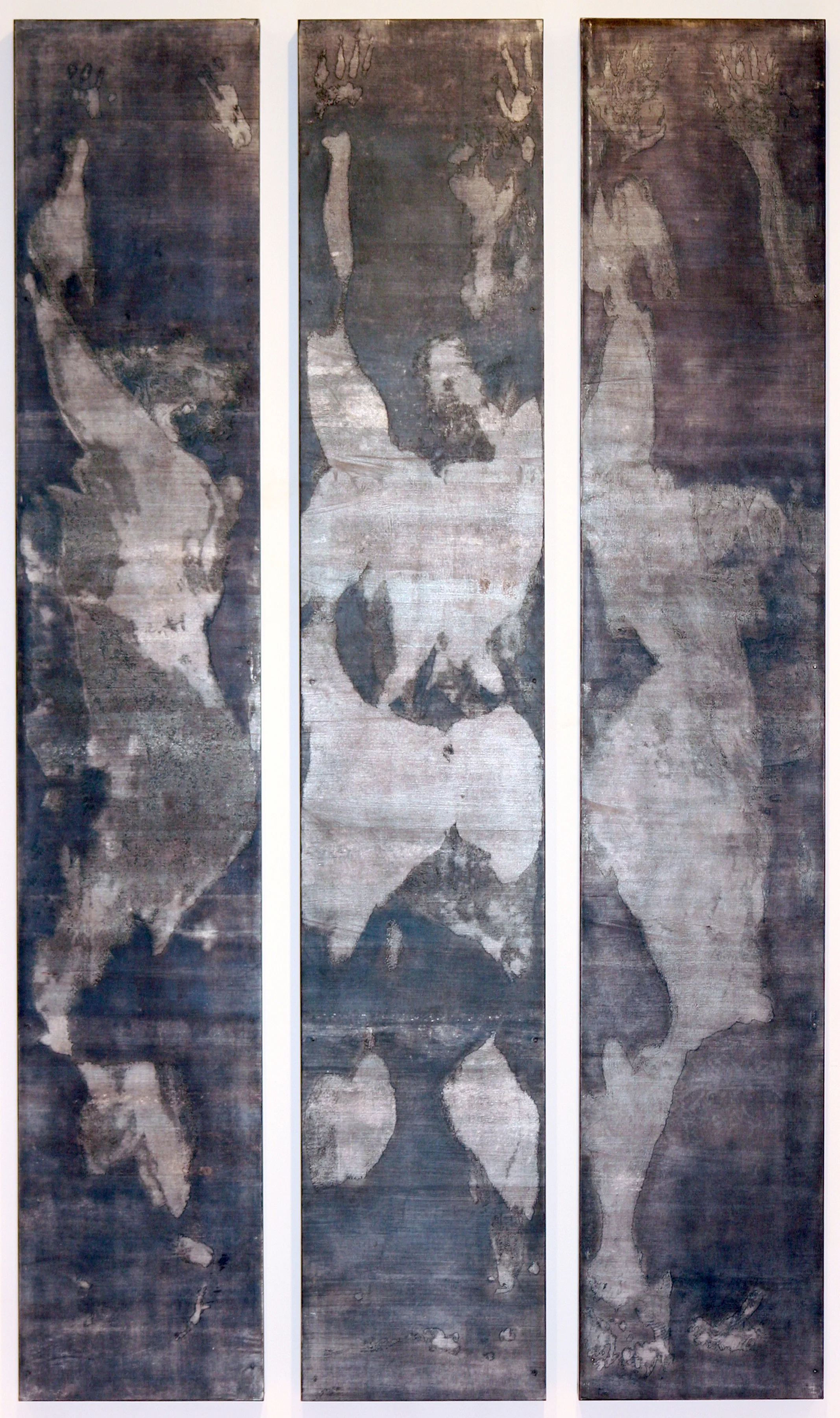 Turn woodcut printed images on paper, mounted on constructed boxes ink, paper, metallic foil, wood 91” x 16” x 4 ½” (each unit) 91” x 54” x 4 ½” (3 units installed) 2009