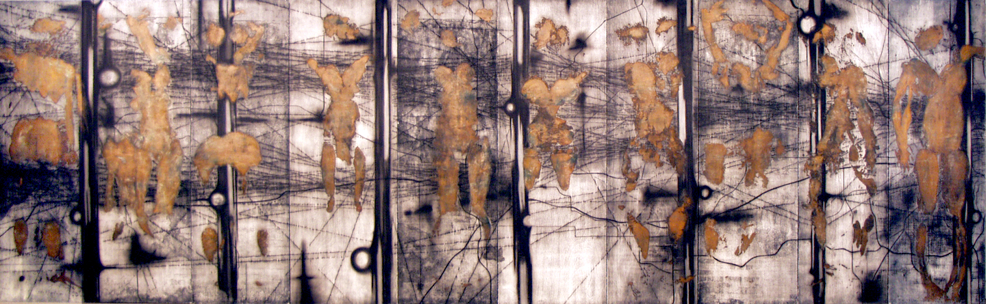 Entropy woodcut images on paper, mounted on prepared board ink, paper, metallic foil, wood 74” X 240” (20’) 2005