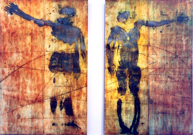 Inclusion / Exclusion woodcut images on paper, mounted on prepared board ink, paper, metallic foil, wood 6’ 2” X 11’ (2panels) 2005