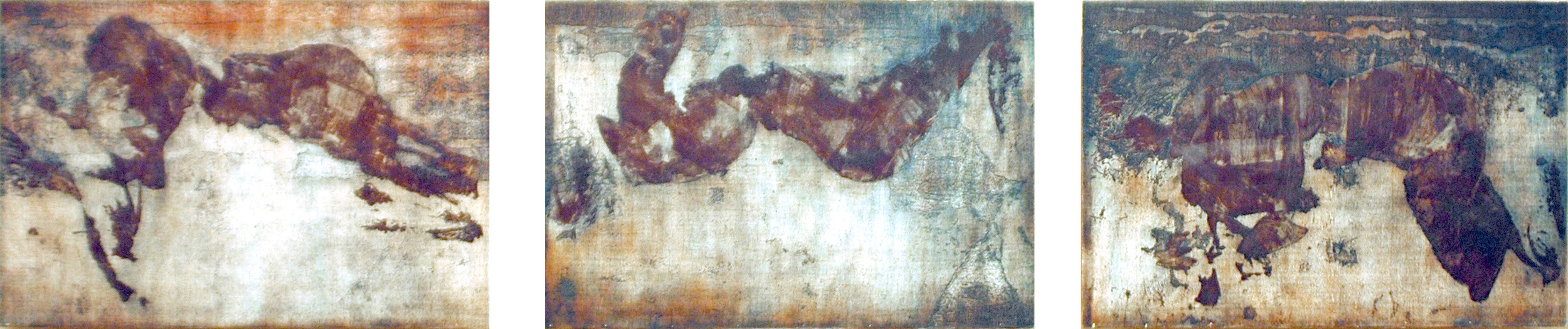 Beneath woodcut images on paper, mounted on prepared board ink, paper, metallic foil, wood 30” X 130” (3 panels) 2004