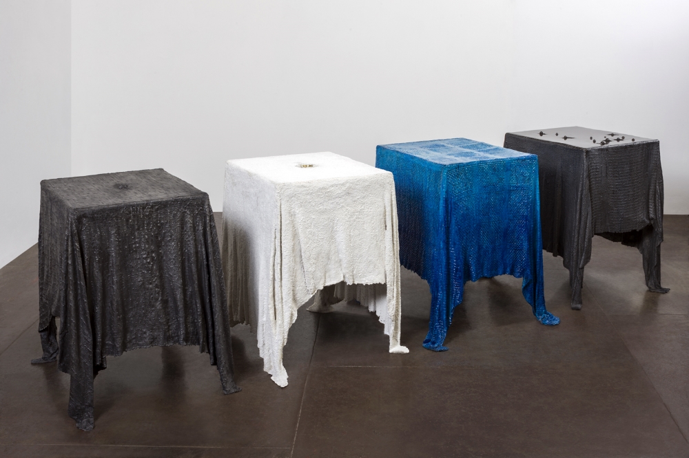 Altars , 2006 Fabric, hydrostone, resin, graphite and marble dust 28 x 21 x 16 in. (each) (71.12 x 53.34 x 40.64 cm)
