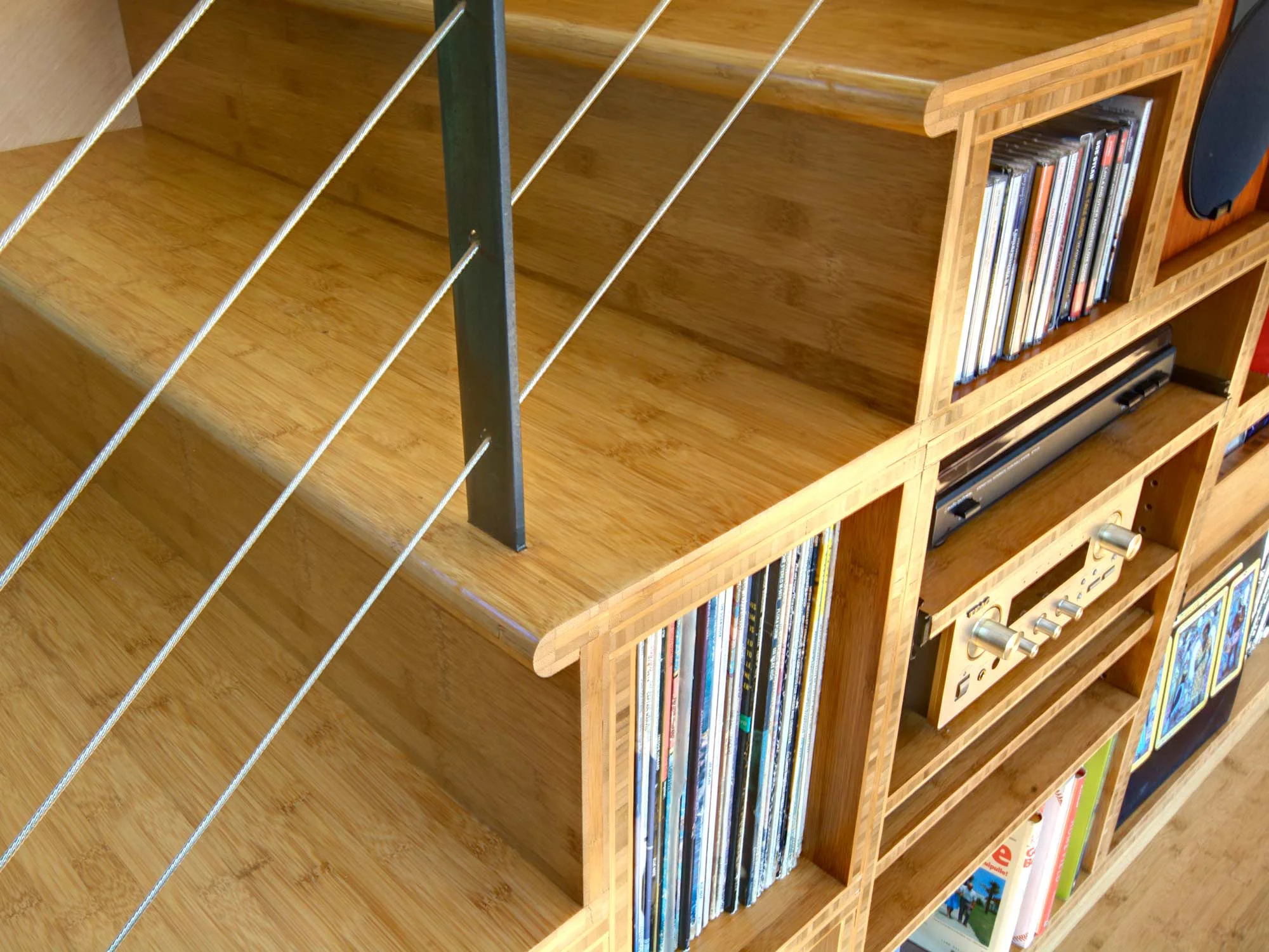 Tansu stair with custom steel rail