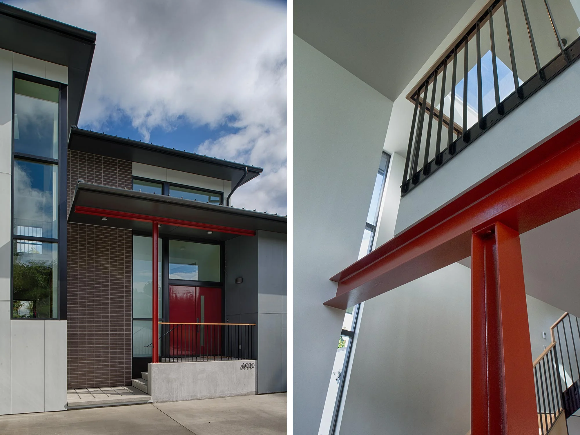 Throughout the house, we used a dramatic high contrast palette of white, black and red, with exposed steel structure, details, and mild steel fireplace surround. 