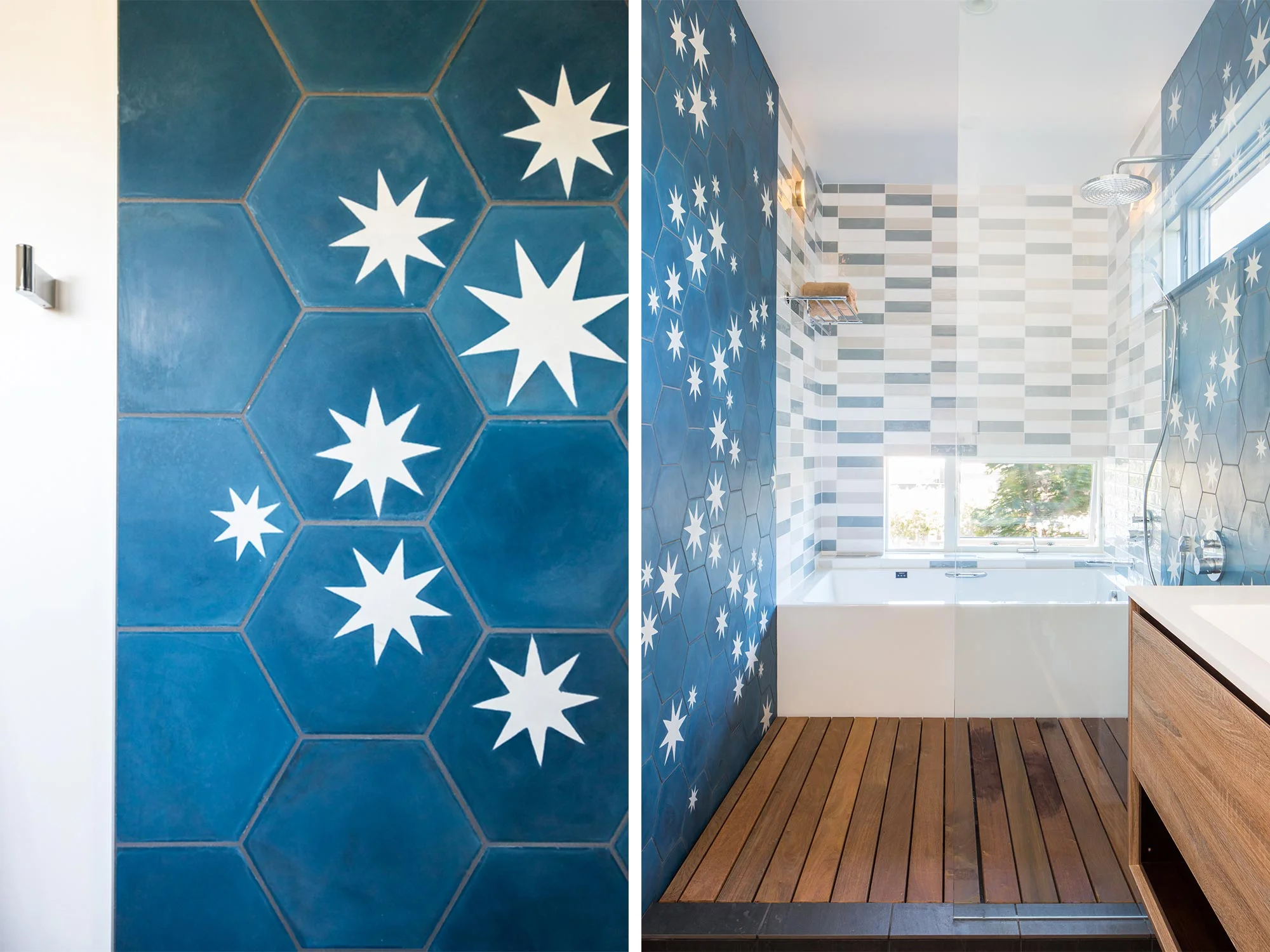Master bathroom incorporates a soaking tub with a view and a pass-through shower enlivened with tiles from our friends at Popham Designs.