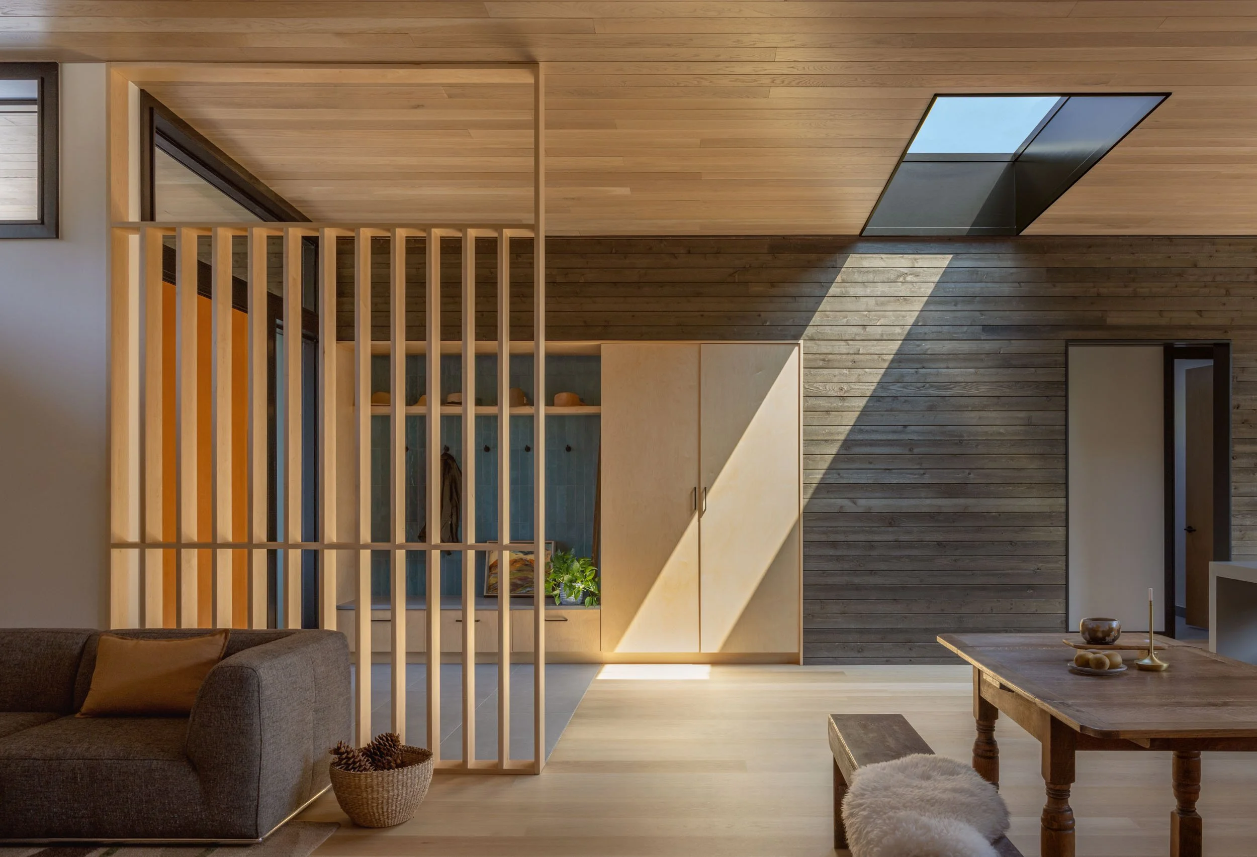 Cedar Cove, entry, skylight, rough sawn cedar wall