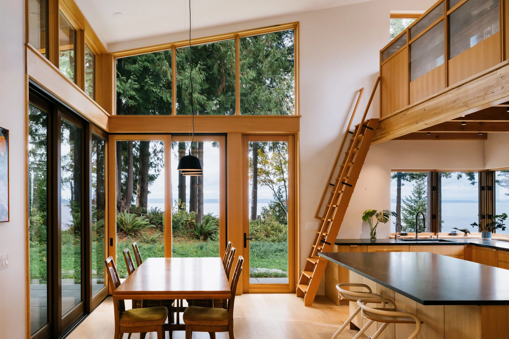 Pacific northwest home, dining room, interior, loft, home in the trees