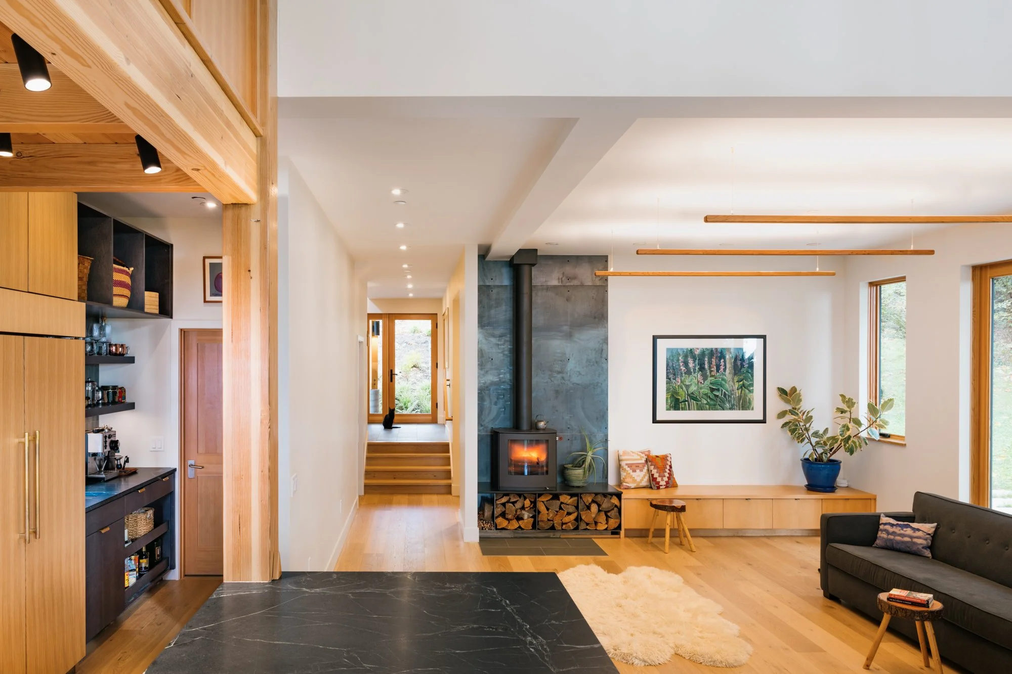 Pacific northwest home, dining room, interior, fire place, pantry, home in the trees